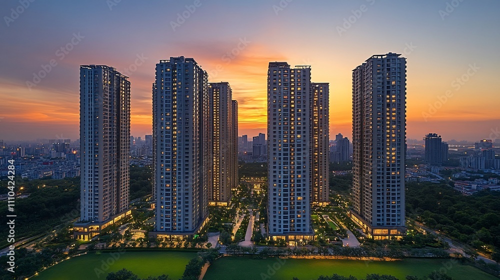 Wall mural Illuminated skyscrapers at sunset, aerial view.