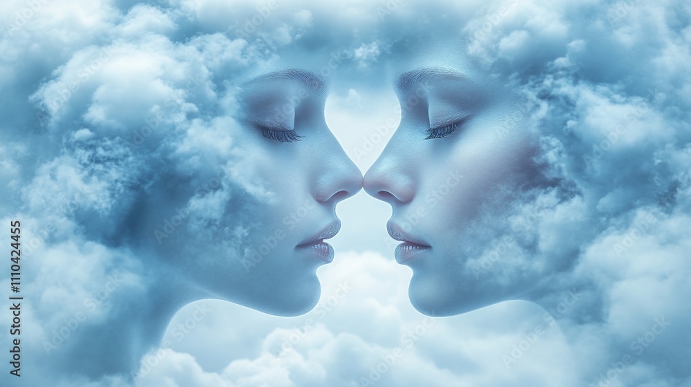 Poster two serene faces merge amidst ethereal clouds, symbolizing unity and dreams.