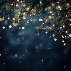 Fototapeta premium Festive fir branches with warm lights and bokeh, winter holiday background.