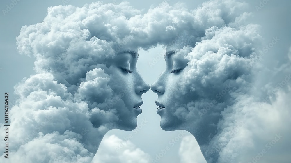 Poster two ethereal female faces merge, forming a heart shape from clouds, symbolizing connection and unity