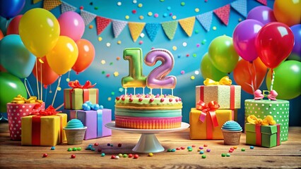 Twelfth Birthday Celebration with Colorful Cake, Balloons, and Decorations Perfect for a Festive Party Setting Featuring Number 12 Cake and Joyous Atmosphere