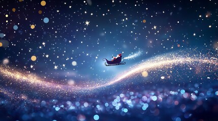 A magical Christmas scene with Santa’s sleigh flying through a starry sky, leaving a trail of stardust behind