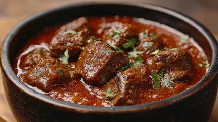 A rich, savory beef stew in a dark bowl, garnished with fresh herbs, showcasing tender chunks of meat in a flavorful sauce.