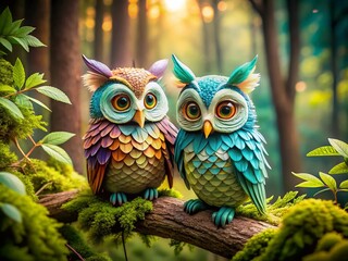 Two Charming Paper Owls Amidst Tranquil Emerald Forest Foliage on a Moss-Covered Branch, Showcasing Pastel Plumage and Natural Beauty in Candid Photography