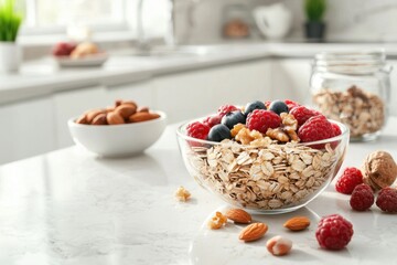 Heart disease prevention healthy oatmeal bowl with berries and nuts in modern kitchen promoting healthy lifestyle choices in a cozy home environment