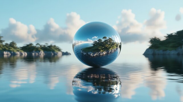 Mirrored sphere reflecting serene island landscape. - Powered by Adobe