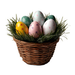 Obraz premium A basket lined with green grass, holding vibrantly decorated Easter eggs in multiple colors, isolated on a transparent background
