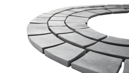 Wide Shot of Grey Concrete Bricks Arranged in Crescent Shape on Transparent Background.