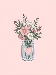 Obraz premium Pastel clear glass jar filled with a bouquet of flowers with heart shaped design 