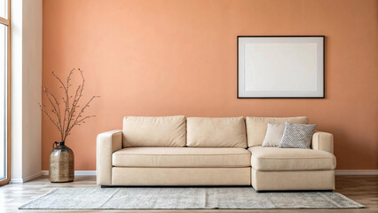 Empty Blank frame attached wall cozy living room with an orange wall, a beige sofa, and a patterned rug.