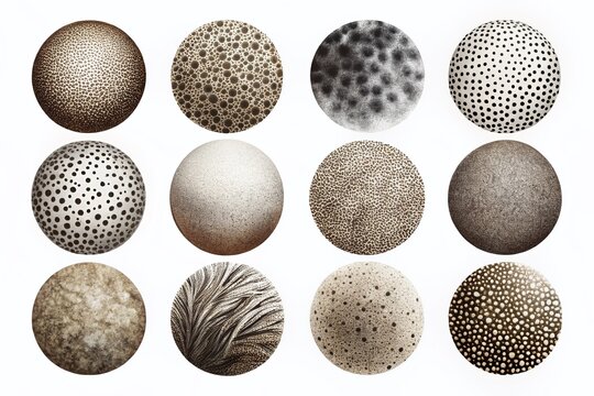 Unique Collection of Hand Drawn Dotwork Stipple Circles Featuring Abstract Blur Shapes on White Background, Showcasing Diverse Black Noise Texture and Round Design Elements