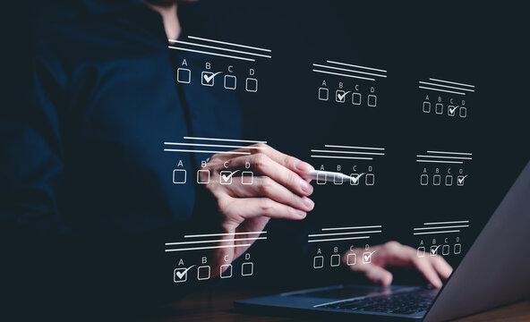 Online exam and survey completion concept. A person interacts with questionnaire, marking answers on an online interface, testing, knowledge quizzes, surveys, and task management. checkbox, checklist,