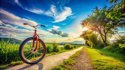 Obraz premium Unique One Wheel Bicycle on a Scenic Pathway with Lush Greenery and Bright Blue Sky, Perfect for Showcasing Adventure, Fun, and Outdoor Activities in a Vibrant Setting