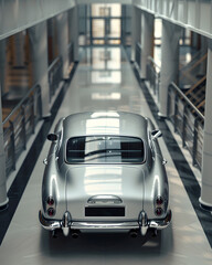 A vintage silver car is exhibited in a chic, contemporary showroom, highlighting its enduring style and sophistication from the rear. The display reflects topnotch quality
