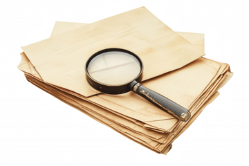 Magnifying glass on a stack of old documents