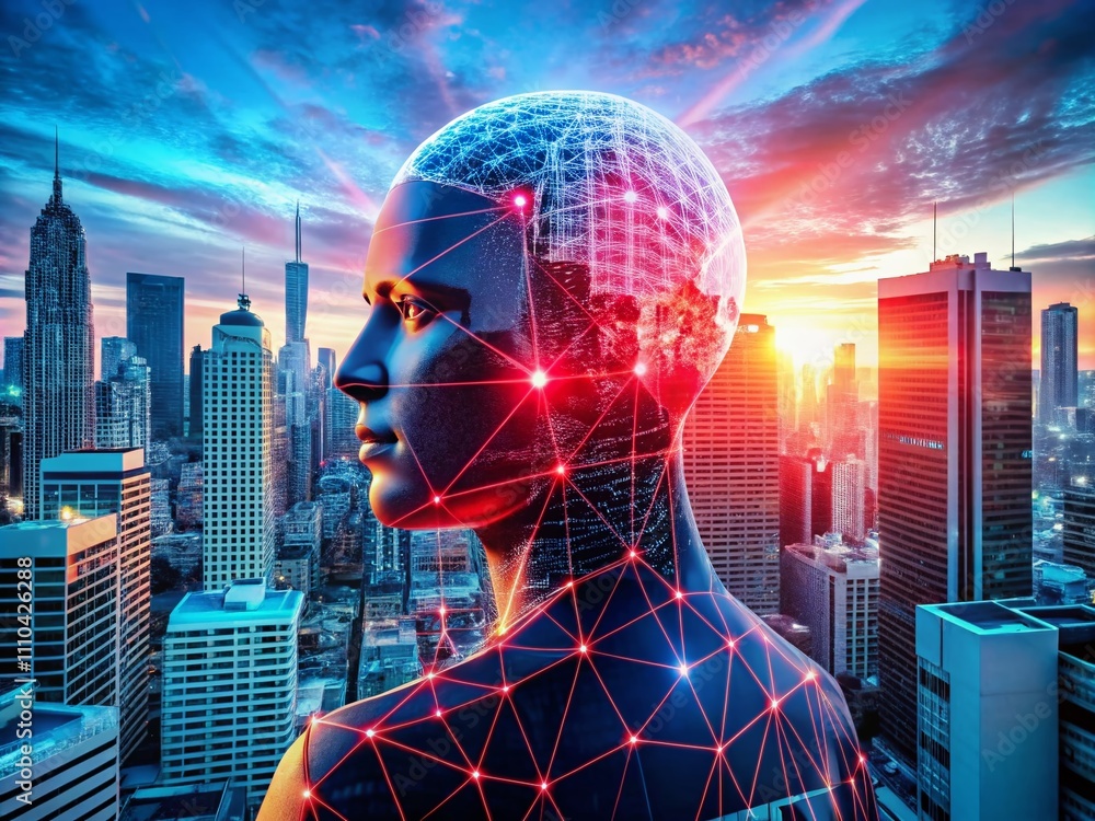 Poster urban exploration: a red ai symbol representing machine learning in a futuristic cityscape