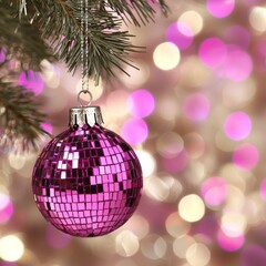 Obraz premium Pink disco ball Christmas ornament hanging on a tree branch against a bokeh background.