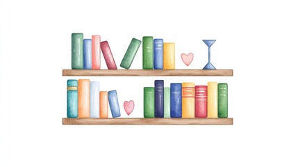 Naklejka premium Colorful Bookshelves with Hearts and a Glass for Cozy Surroundings