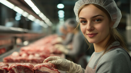 Woman working in meat processing plant with protective gear and fresh meat on production line
