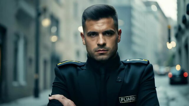 Confident Male Security Guard Patrolling Urban Street Scene Overview. Concept of Professionalism, Urban Safety, Responsible Security, and City Protection
