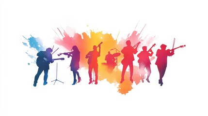 Colorful Musical Silhouette Band Performance with Watercolor Effect