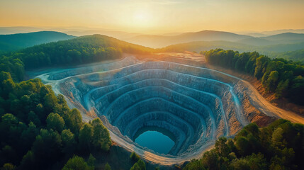 Massive Open Pit Mine in Lush Forest Landscape
