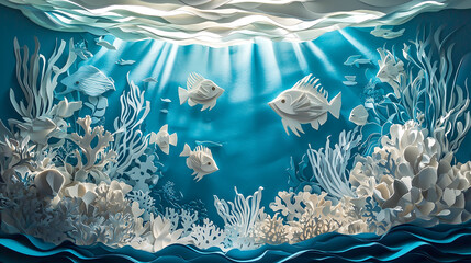 Paper sculpture of an underwater scene, layered paper creating depth, intricate cutouts of fish, coral, and seaweed, soft gradients of blue and turquoise, light rays filtering through water, calm and 