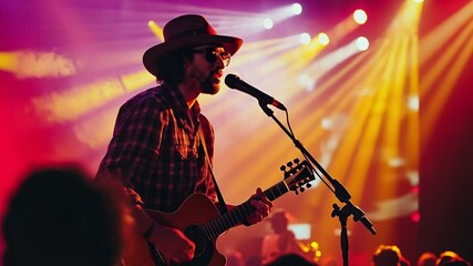 Country singer performing live on stage with guitar and microphone