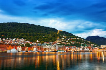 Bergen harbor in the summer at dusk, Norway