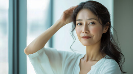 Fototapeta premium Asian Mature Female Smiling by Window in Soft Light
