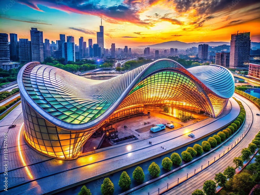 Poster urban exploration photography: curved roof and parametric architecture showcasing innovative design 