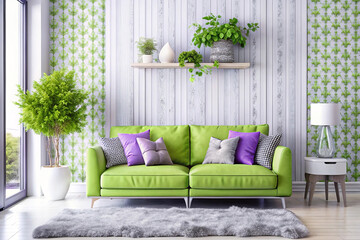 Here's a possible  and keyword list for your stock photo.. Modern living room with green sofa, plants, and light wood wall.