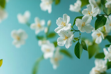 Obraz premium Delicate White Jasmine Flowers Against a Soft Blue Background