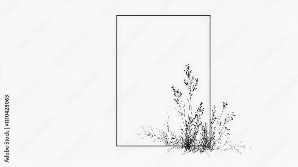 Poster minimalist line art of plants with empty frame for creative projects