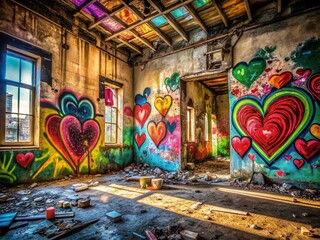 Urban Exploration Photography Featuring Creative Heart Doodles on Abandoned Buildings and City Walls, Showcasing the Intersection of Nature and Urban Art in a Vibrant Environment