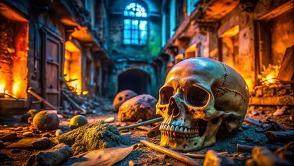 Obraz premium Urban Exploration Photography Focusing on Detailed Views of Cranial Bones in Abandoned Locations, Highlighting Unique Textures and Scientific Elements, Inviting Curiosity and Discovery
