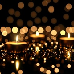 Three burning candles with bokeh lights.