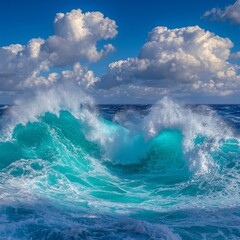 Obraz premium Turquoise Ocean Waves Crashing Under a Cloudy Sky