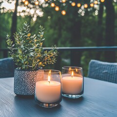 Two lit candles and potted plant on outdoor table at dusk.