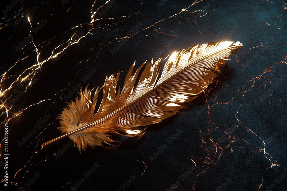 Poster A single golden feather resting on a matte black surface with a soft glow.