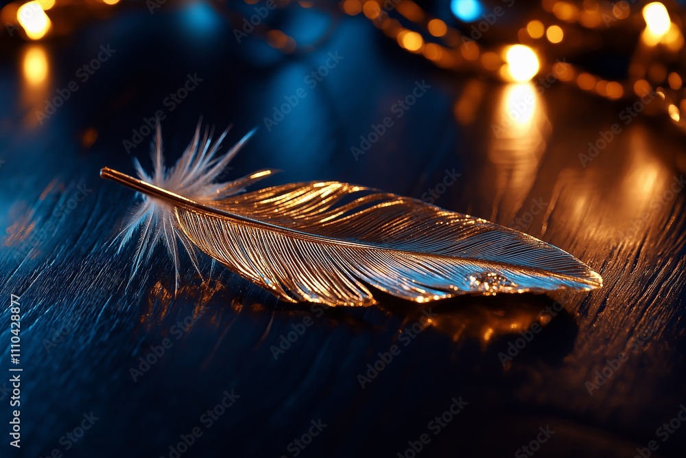 Poster A single golden feather resting on a matte black surface with a soft glow.