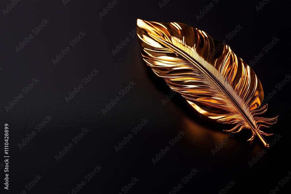 Wall mural A single golden feather resting on a matte black surface with a soft glow.