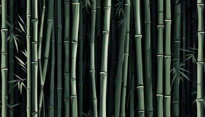 Dense bamboo forest with varying shades of green, creating a striking and mysterious atmosphere