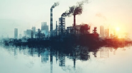 Obraz premium A factory silhouette with chimneys isolated on a white background. Generative AI