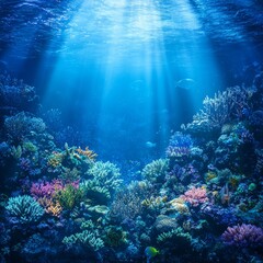 Naklejka premium Vibrant underwater coral reef scene with sunbeams.