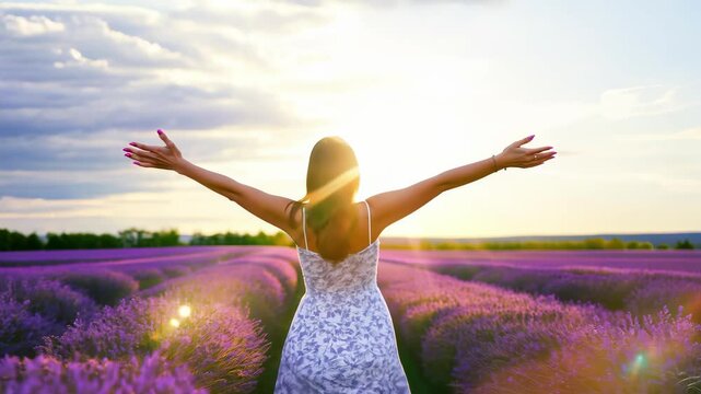 Young beautiful woman in light dress with outstretched arms standing in lavender field at sunset with sunlight shining. Concept of freedom, nature, summer landscape, harmony with the environment