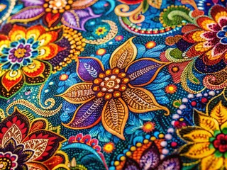 Vibrant Abstract Batik Pattern with Bright Colors Showcasing Intricate Shapes for Textile and Home Decor Use