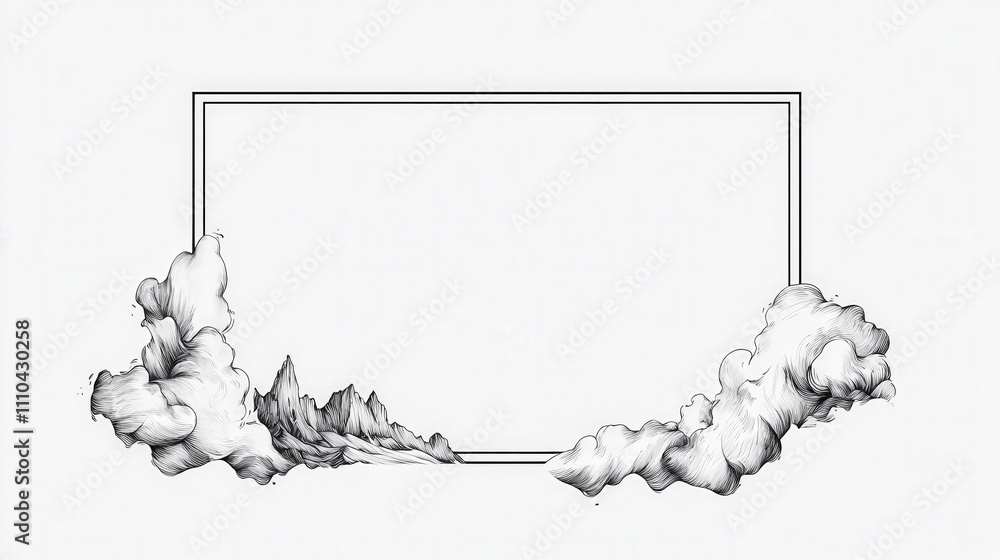 Poster hand-drawn mountains and clouds with empty frame for design use