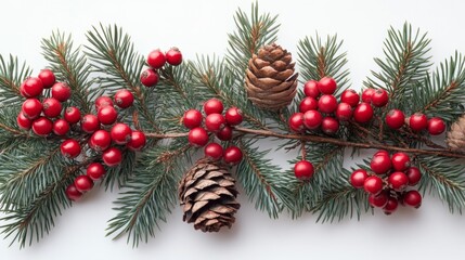 Pine Sprigs with Red Berries Isolated on White Background. Generative AI