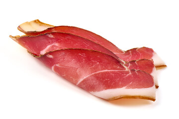 Delicious Serrano ham, cured jamon iberico, isolated on white background.